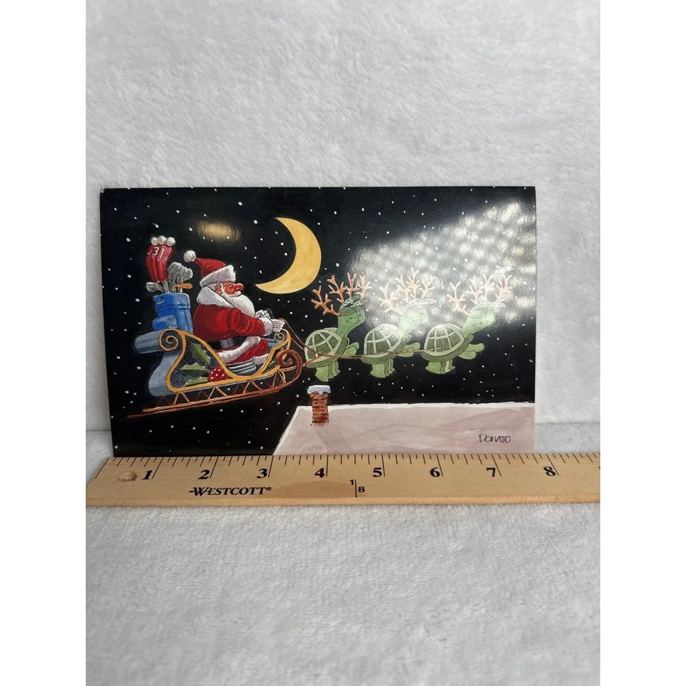 Vintage Donato Christmas Card Santa Sleigh Turtles Golf Unisex OS Black Like New